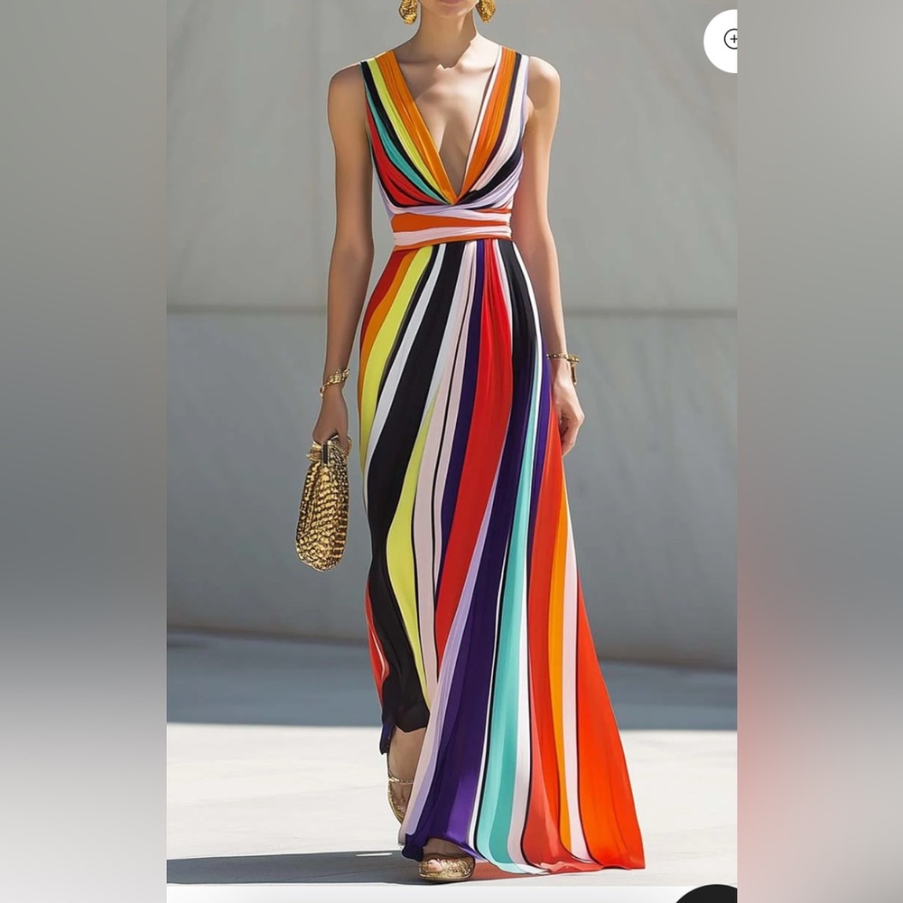 Oyrosy Rainbow Chiffon Maxi Dress